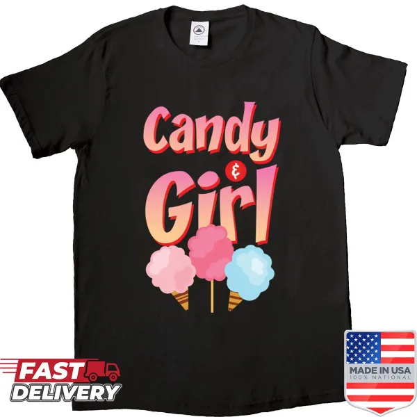 Cartoon illustration of a candy girl with cotton candy shirt