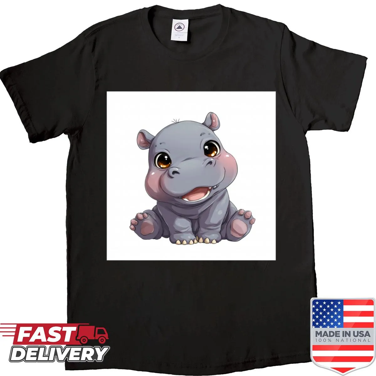 Cute cartoon hippo shirt featuring a chibi-style baby hippo