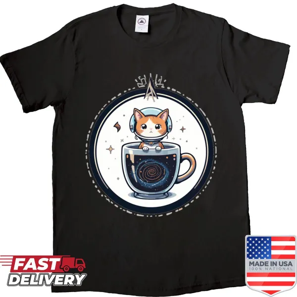 Cute shirt featuring a cat in a coffee mug with a galaxy design