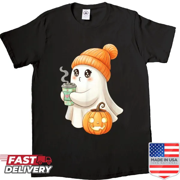 Cartoon ghost drinking iced coffee on Halloween shirt