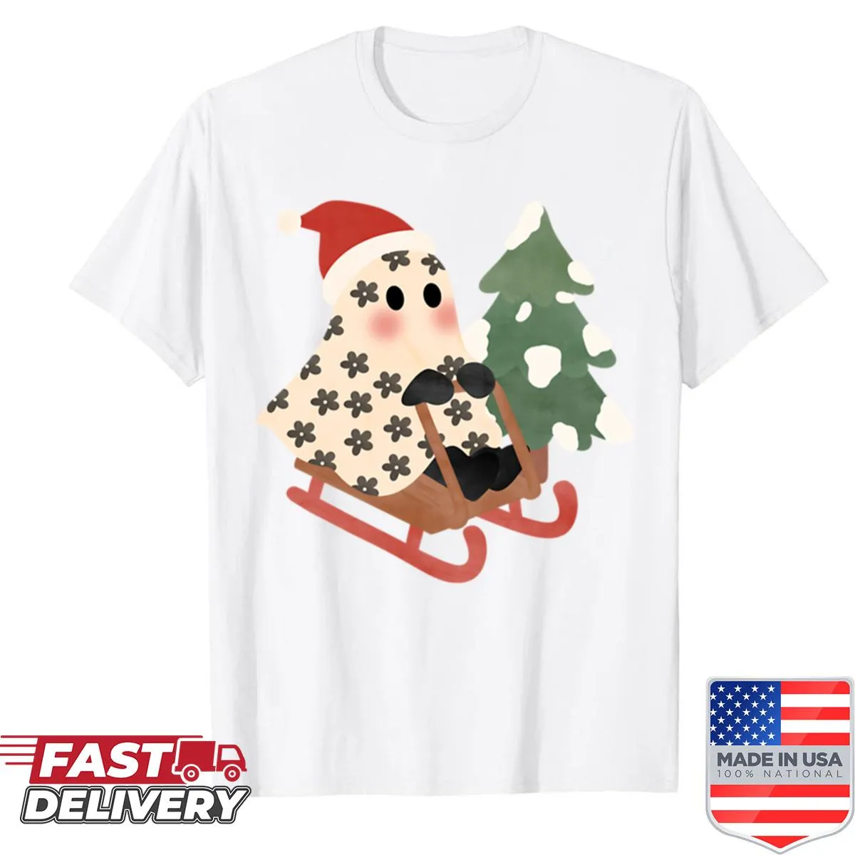 Cute ghost on a sleigh with Christmas patterns graphic T-shirt.