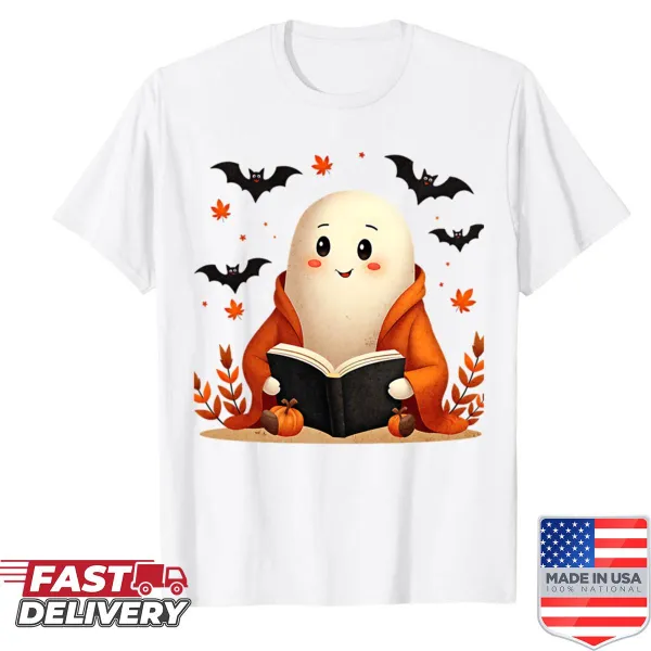 Cute ghost reading book under a blanket with bats design