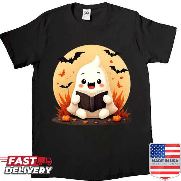 Cute shirt with ghost reading a book, pumpkins, and bats