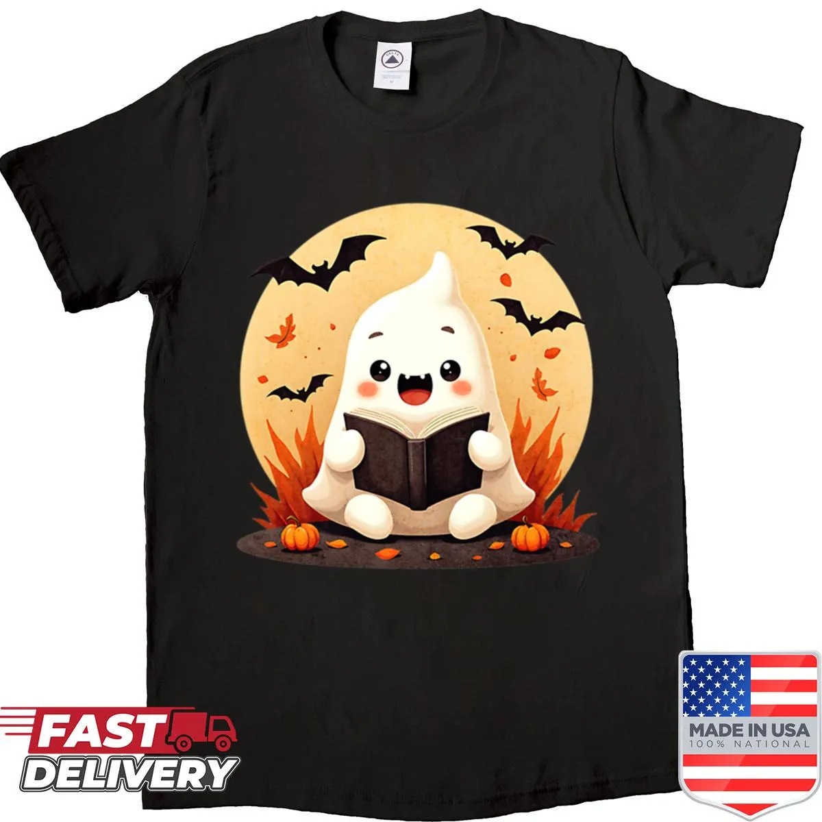 Cute shirt with ghost reading a book, pumpkins, and bats