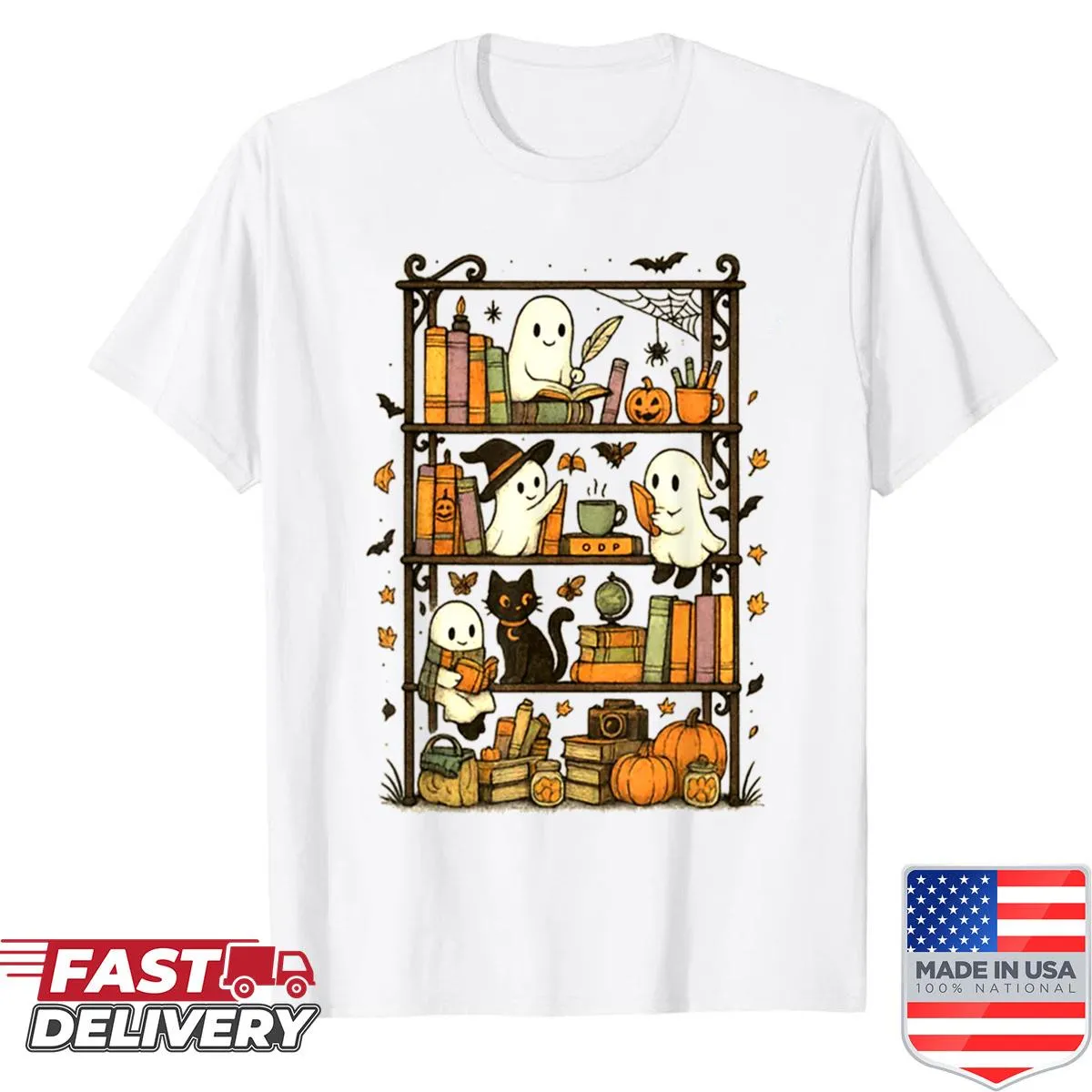 Whimsical vintage ghost design on a cozy Halloween shirt