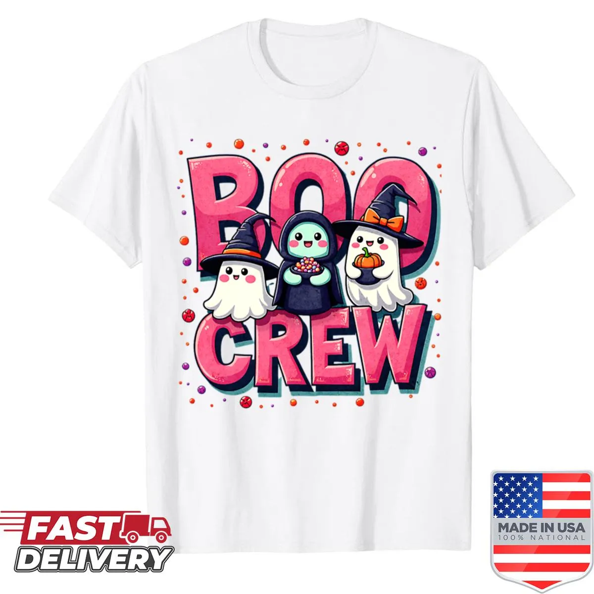 Cute ghosts in costumes for Halloween on a t-shirt.