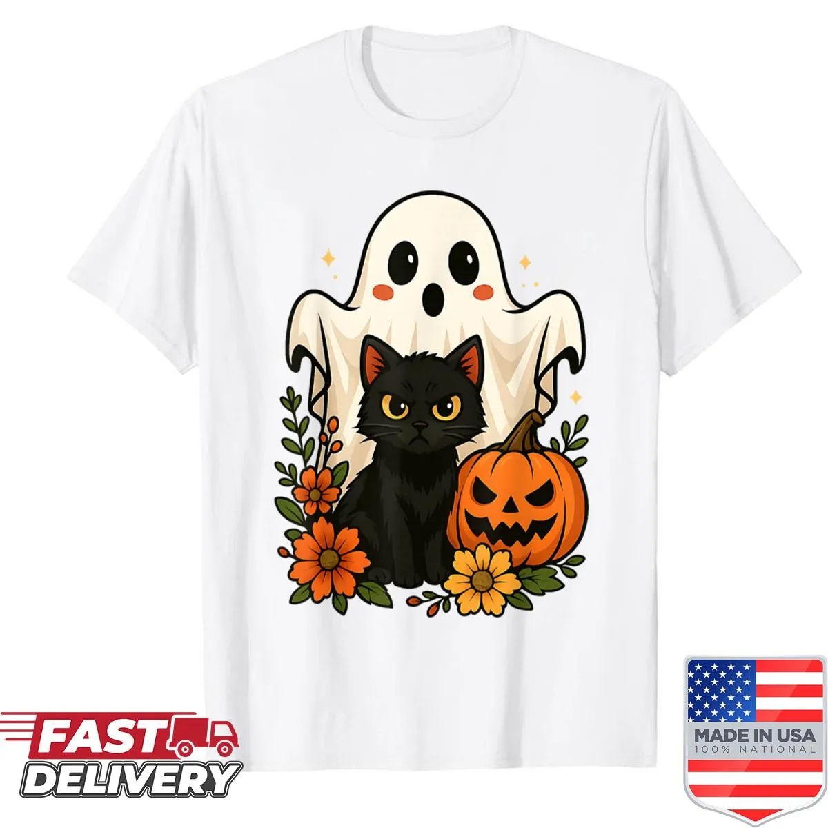 Cute Halloween shirt featuring a black cat and pumpkin design