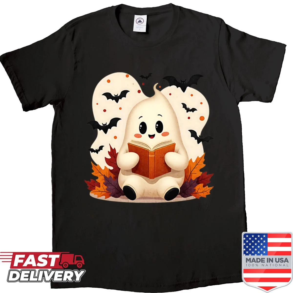 Cute Halloween shirt with ghost reading a book, bats, and leaves