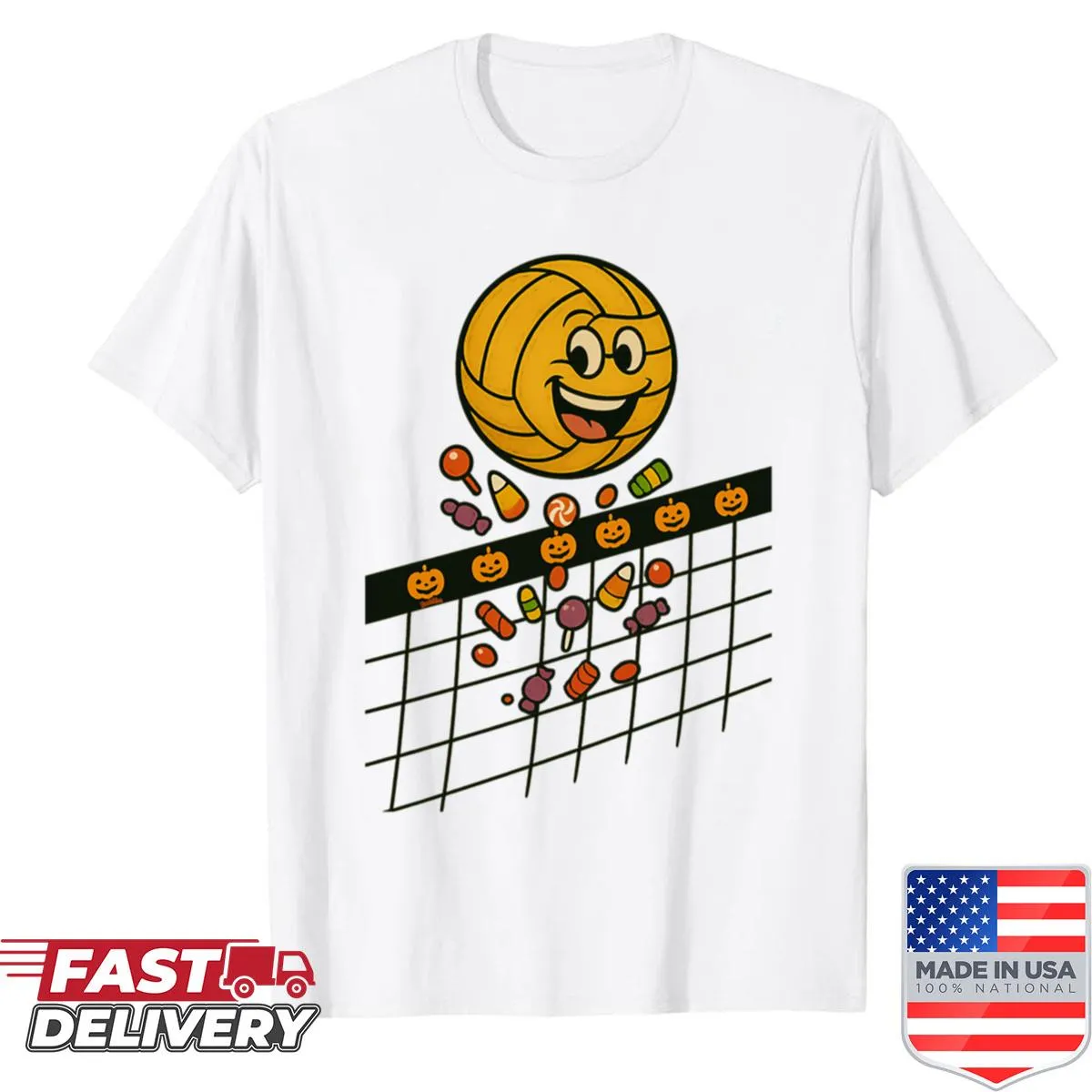 Cute volleyball character in a Halloween costume on a playful shirt