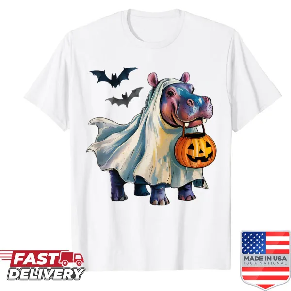 Cute hippo in a pumpkin costume on a shirt