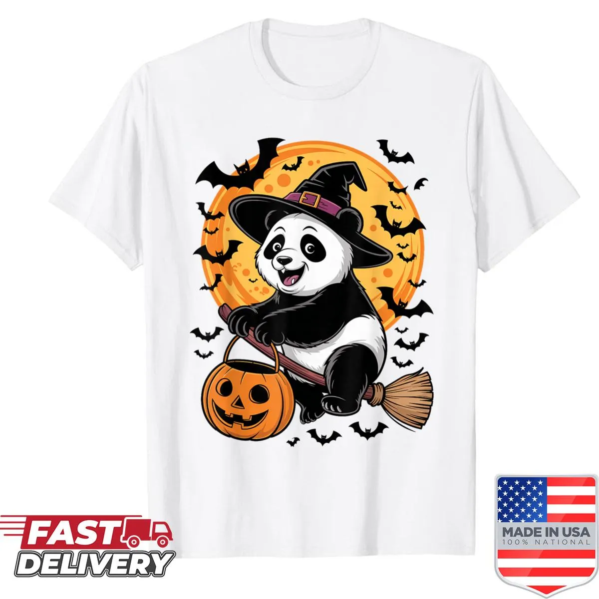 Adorable panda in witch hat with candy bucket graphic