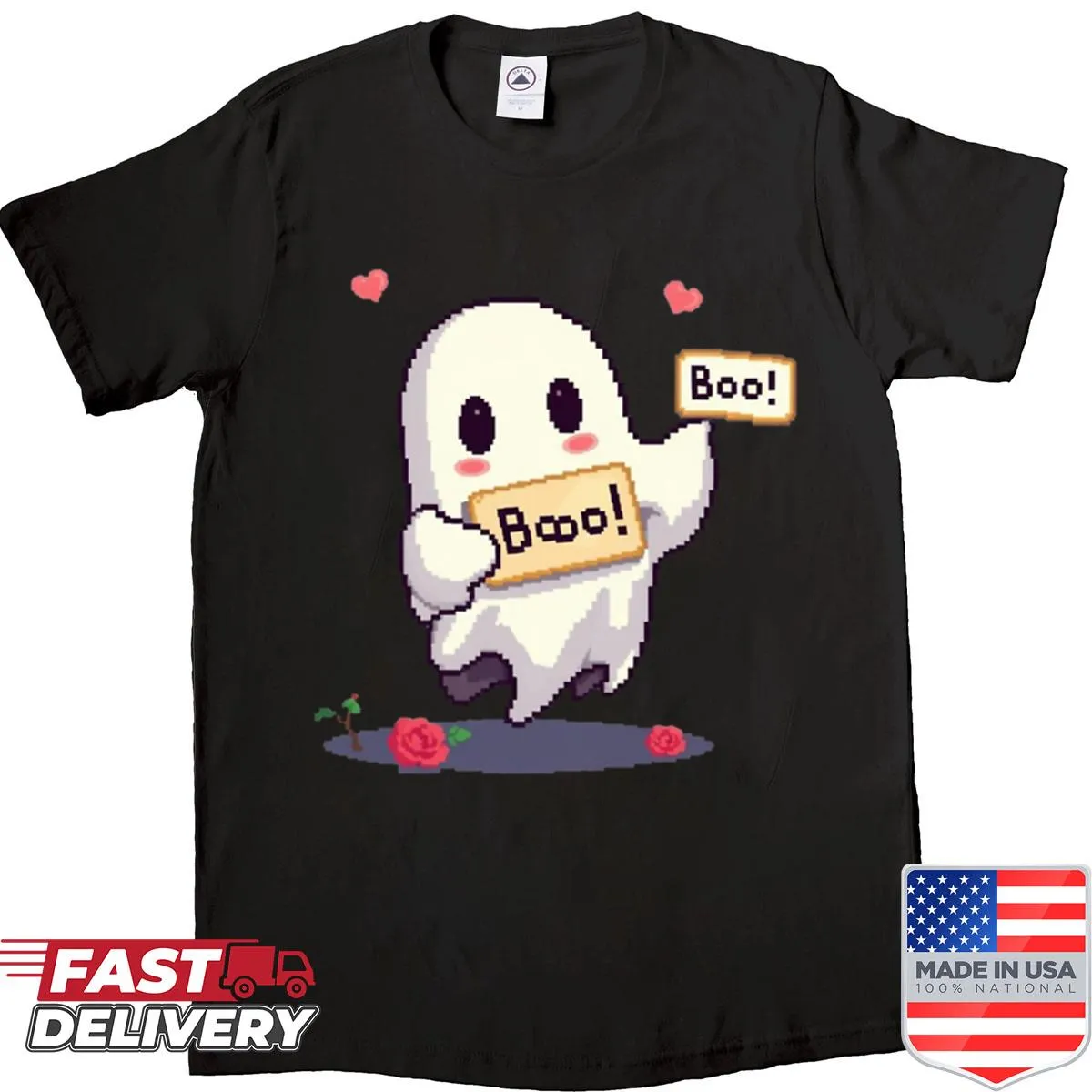 Pixelated ghost with 'Boo' text on a shirt