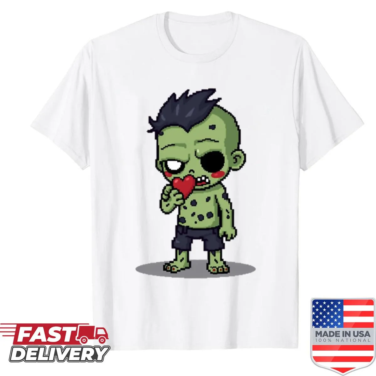 Pixelated cute zombie character expressing love on a shirt