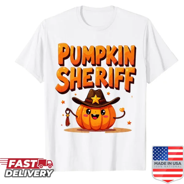 Cute pumpkin sheriff in cowboy attire on a shirt