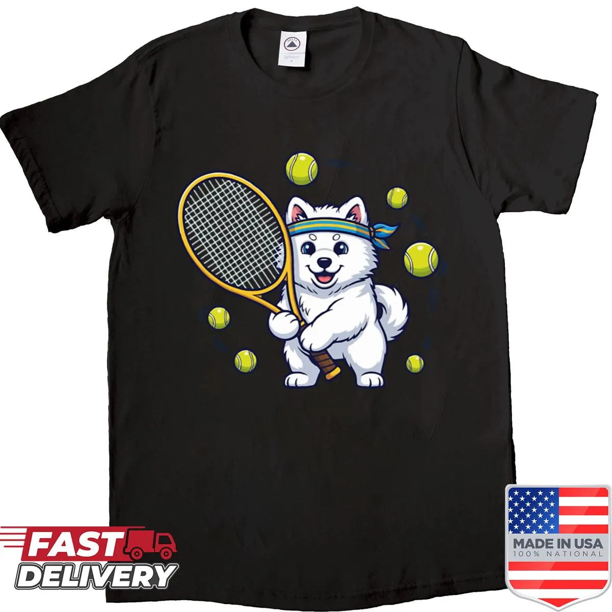 Cartoon Samoyed puppy playing tennis shirt for dog lovers