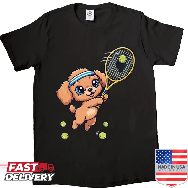 Cartoon shirt featuring a cute teacup poodle playing tennis