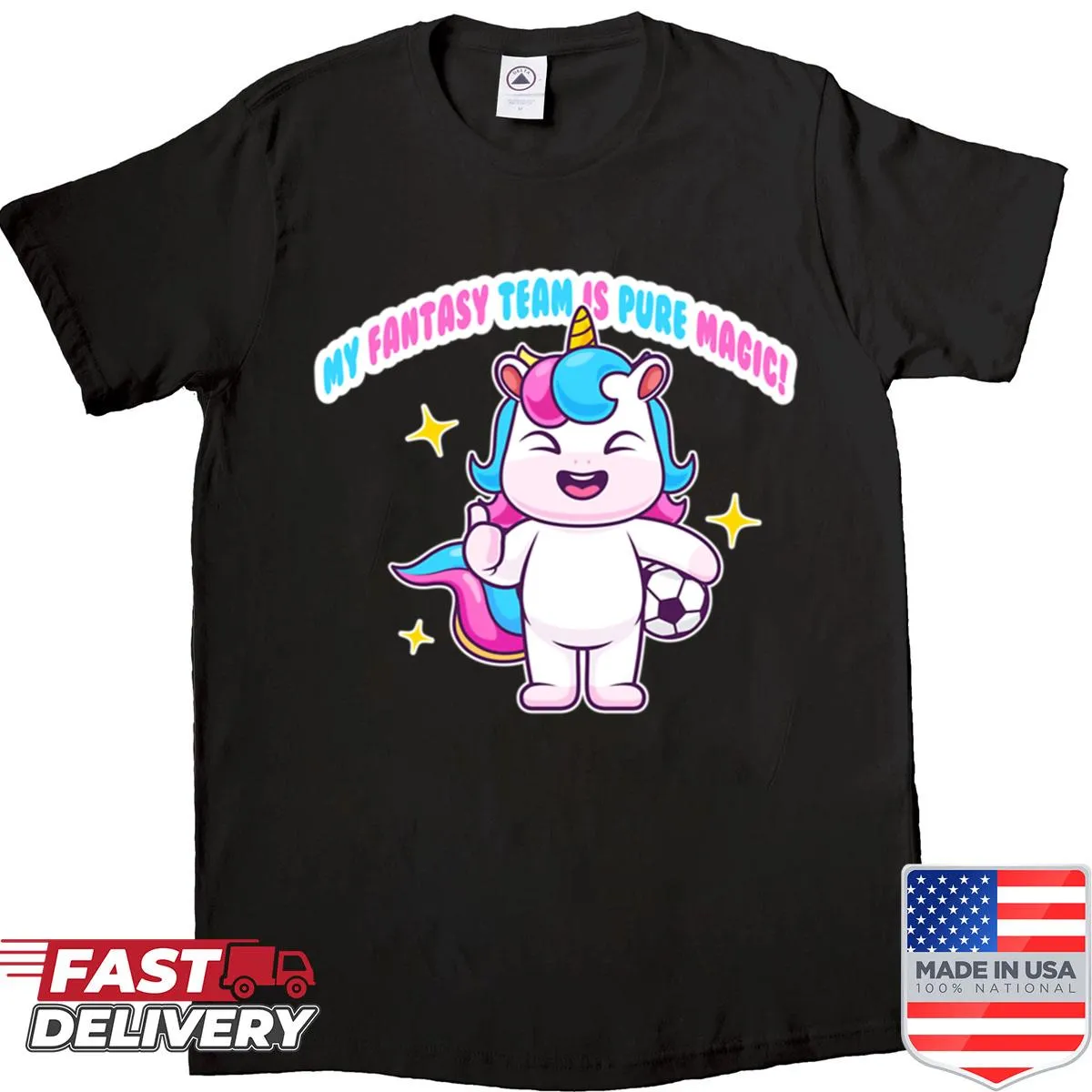 Cute unicorn fantasy football illustration on T-shirt