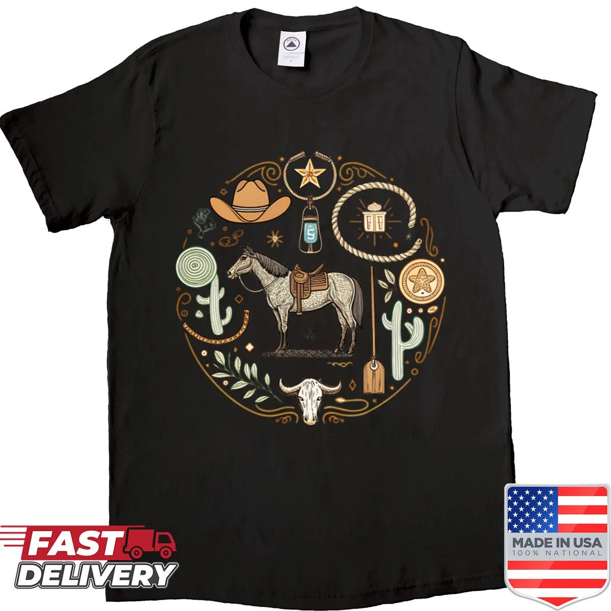 Vintage line-art collage of cutting horses on a rodeo-themed shirt