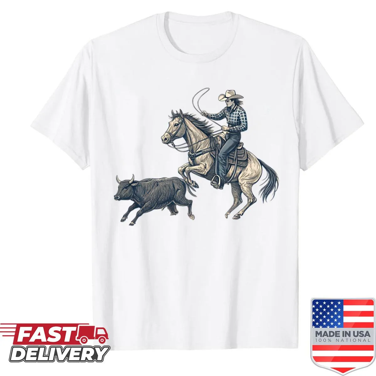 Dynamic line art of a cutting horse on a rodeo-themed shirt