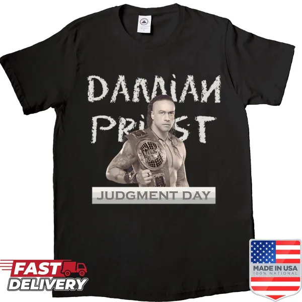 Bold shirt featuring Damian Priest's name with a warrior theme