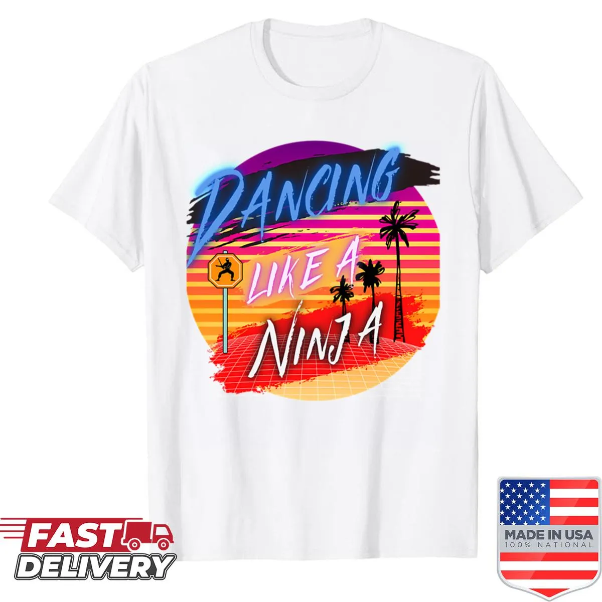 Boxy shirt with playful text 'Dancing Like A Ninja 658'