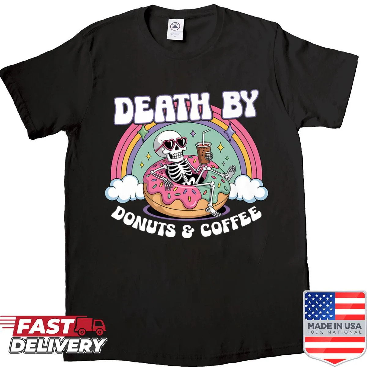 Halloween shirt with skeleton, donuts, and coffee art