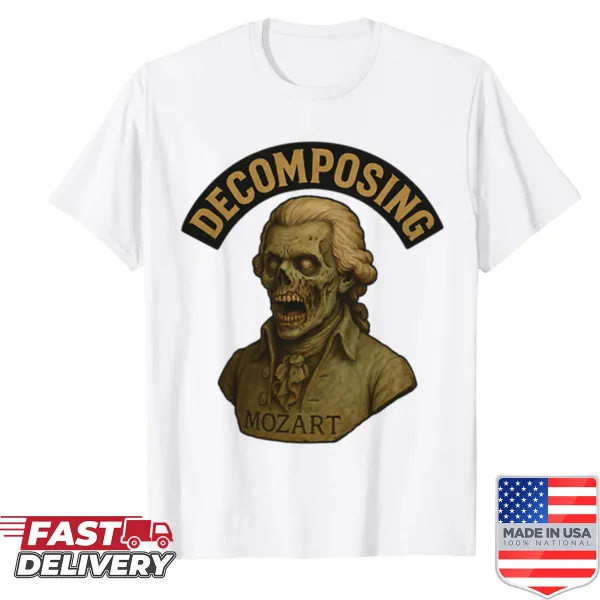 Graphic of a zombie Mozart with humorous text about decomposition