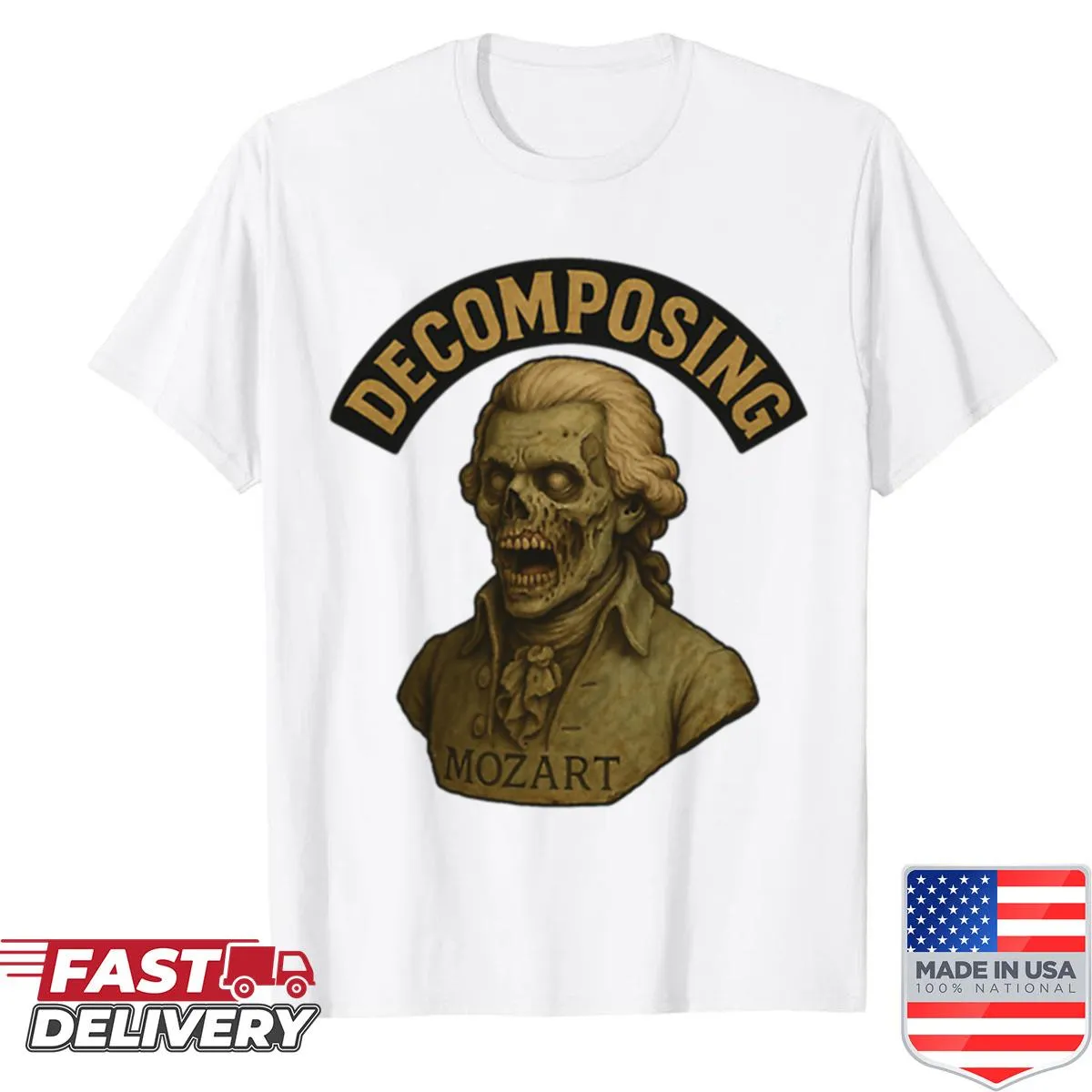 Graphic of a zombie Mozart with humorous text about decomposition