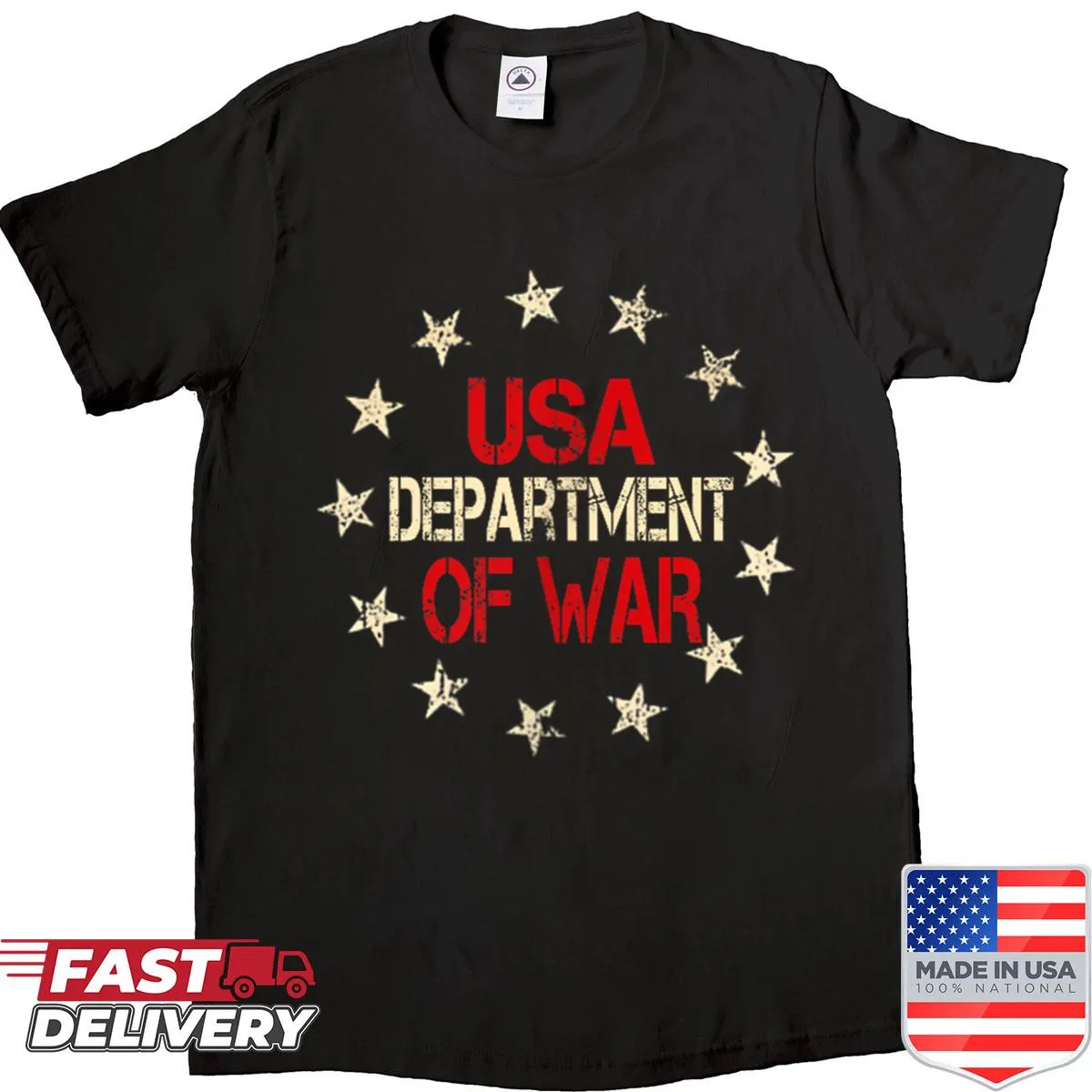 Dual-sided shirt featuring Department Of War graphics established in 2025
