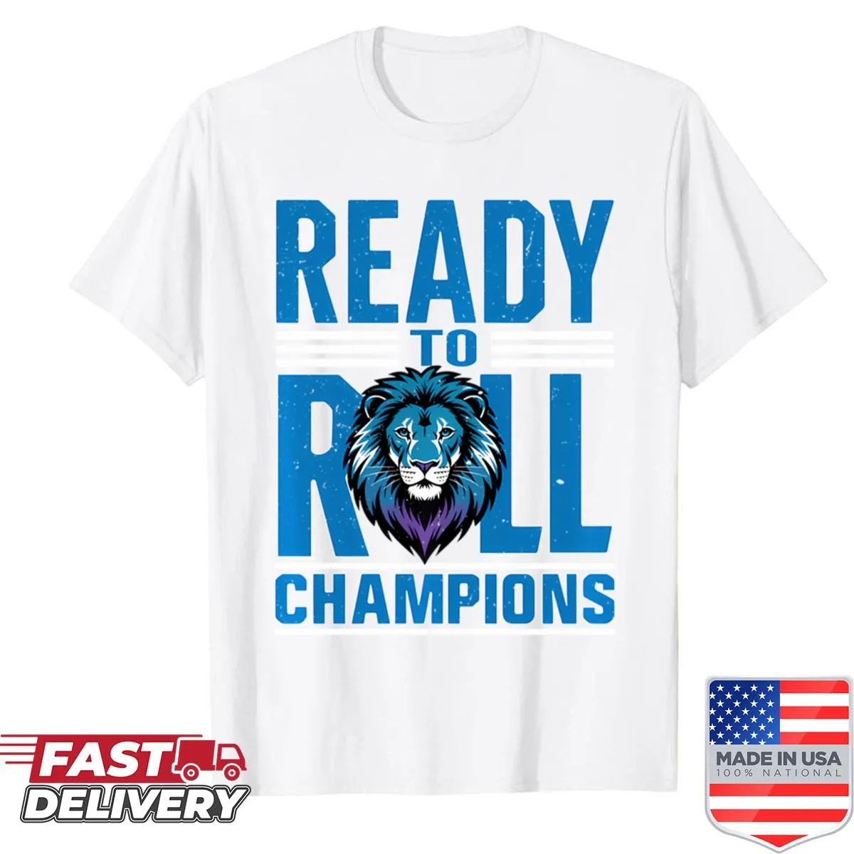Funny blue lion cartoon graphic on pullover shirt