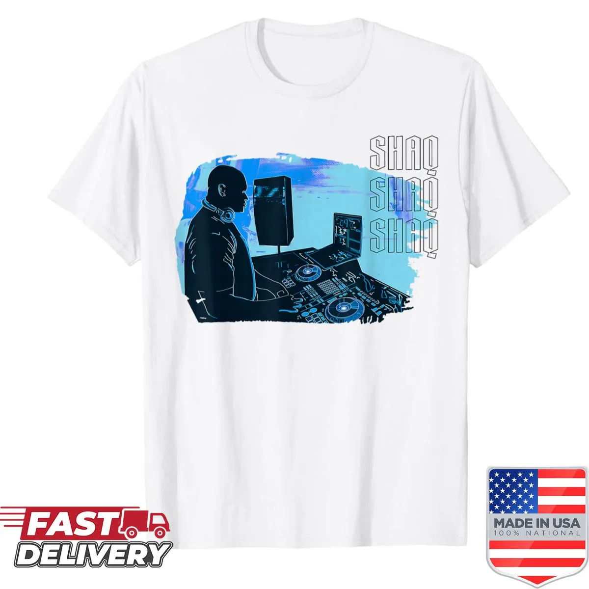 Graphic of DJ turntables with Shaquille O’Neal design on a T-shirt