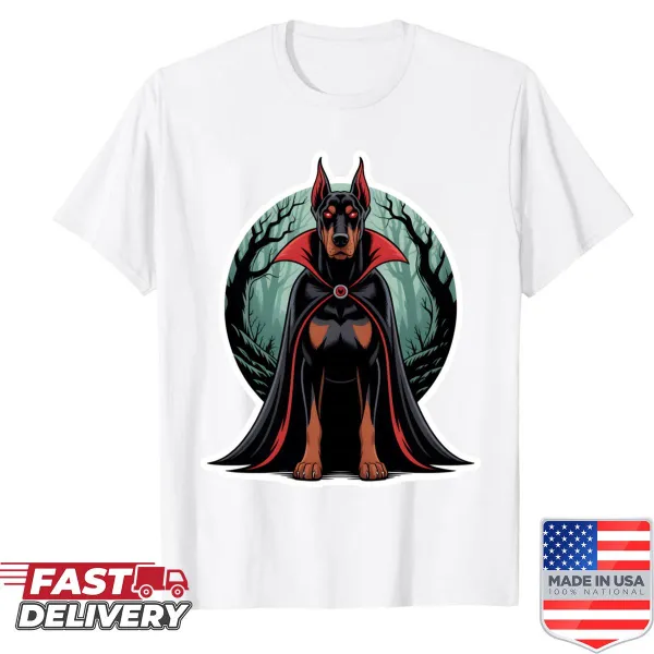Doberman vampire Halloween shirt with a spooky design