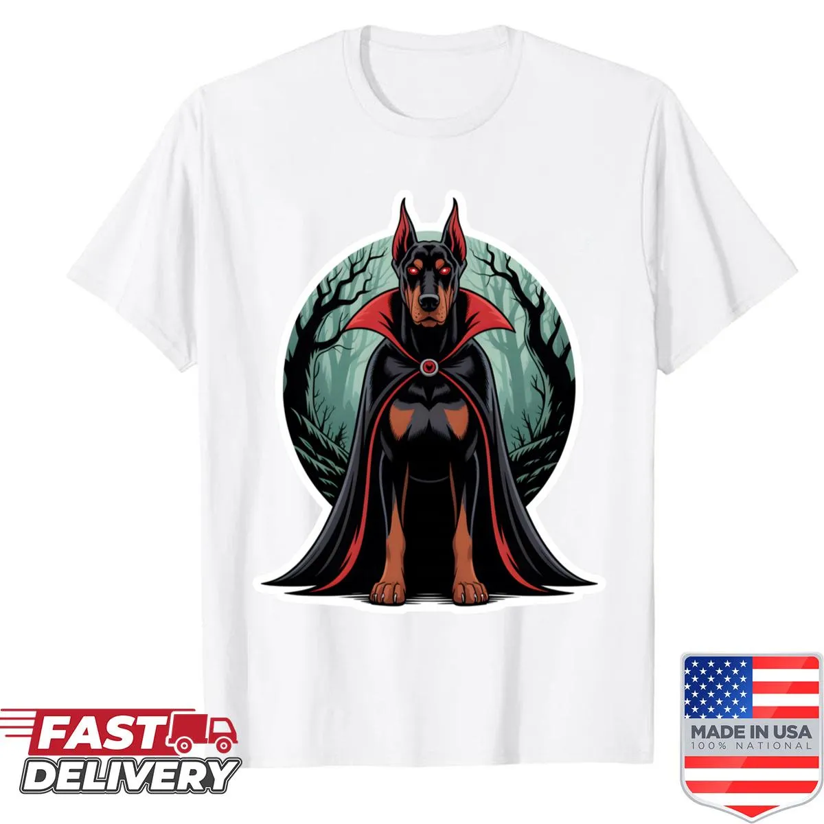 Doberman vampire Halloween shirt with a spooky design