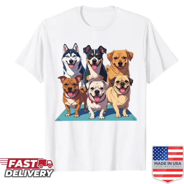 Whimsical shirt featuring dogs in yoga poses