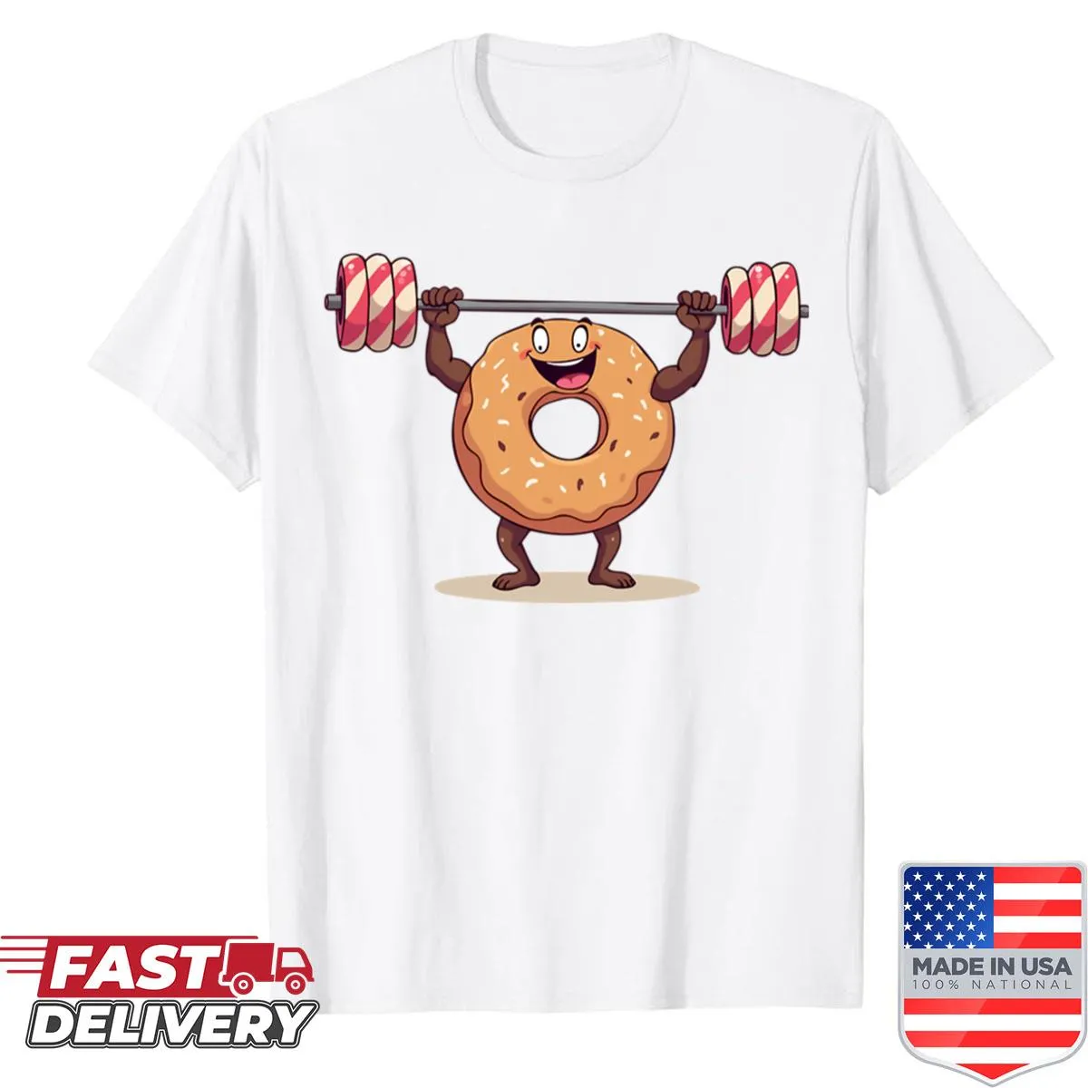 Cartoon weightlifter with candy dumbbells and donut-themed design