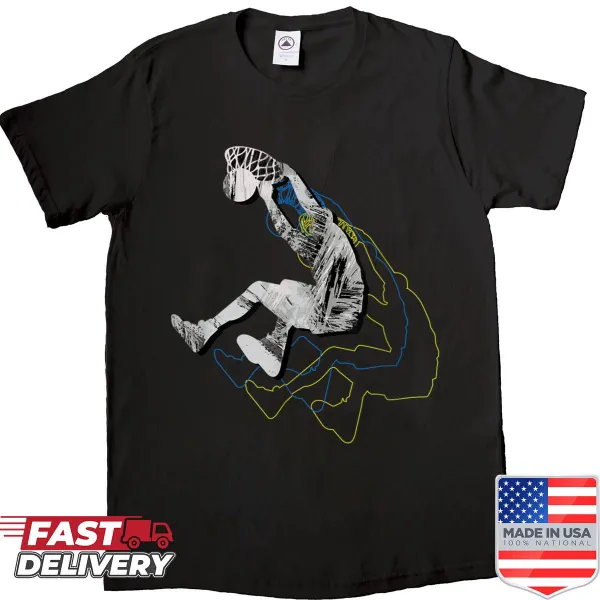 Multi-color graphic of a dunking figure on a basketball shirt