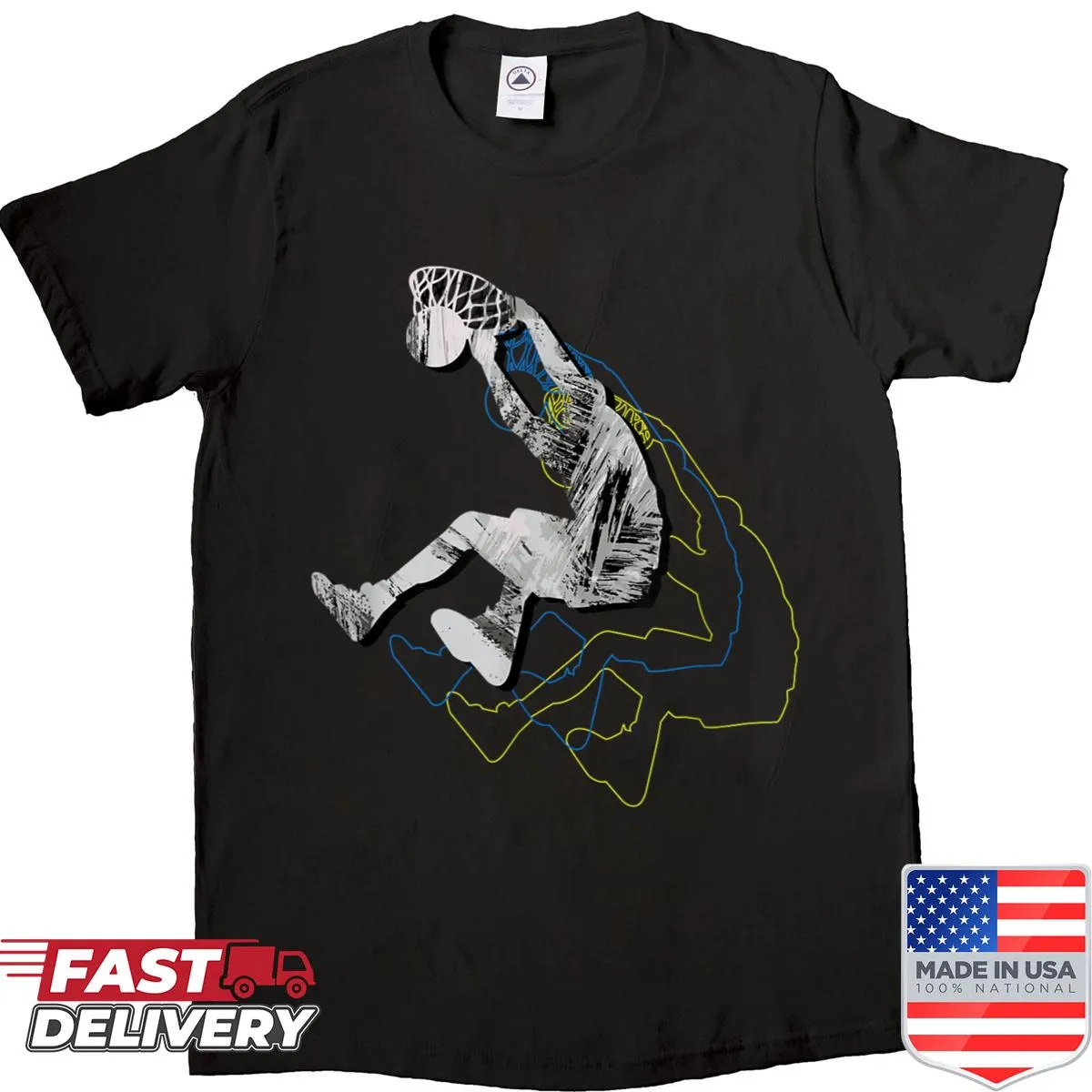 Multi-color graphic of a dunking figure on a basketball shirt