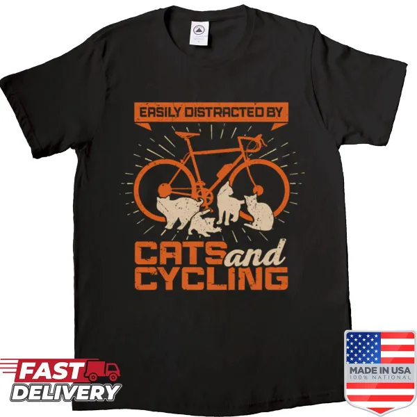 Playful t-shirt stating 'Easily Distracted By Cats And Cycling'