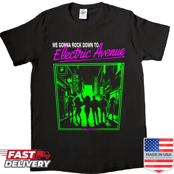 T-shirt featuring the phrase 'Electric Avenue' in nostalgic typography