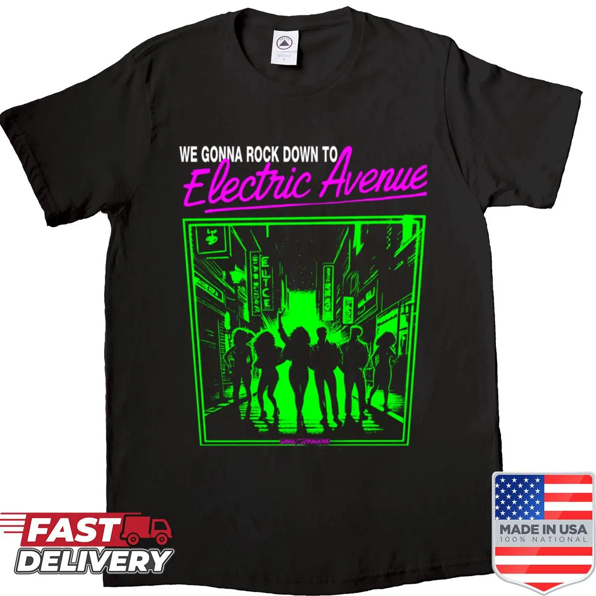 T-shirt featuring the phrase 'Electric Avenue' in nostalgic typography