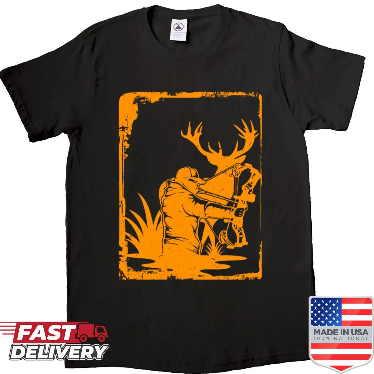 Bold elk and hunting gear graphic on shirt for hunters