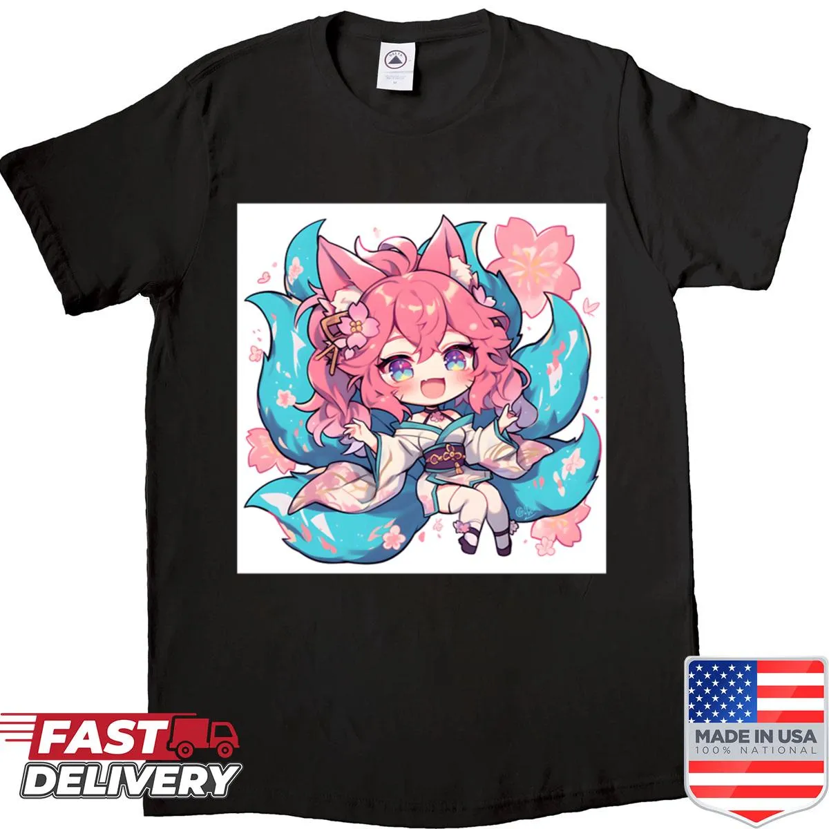 Chibi illustration T-shirt featuring an enchanted fox spirit.