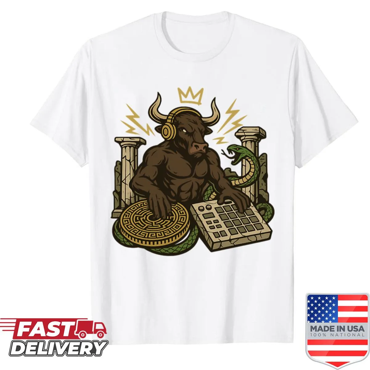 DJ bull in Greek labyrinth design with music elements