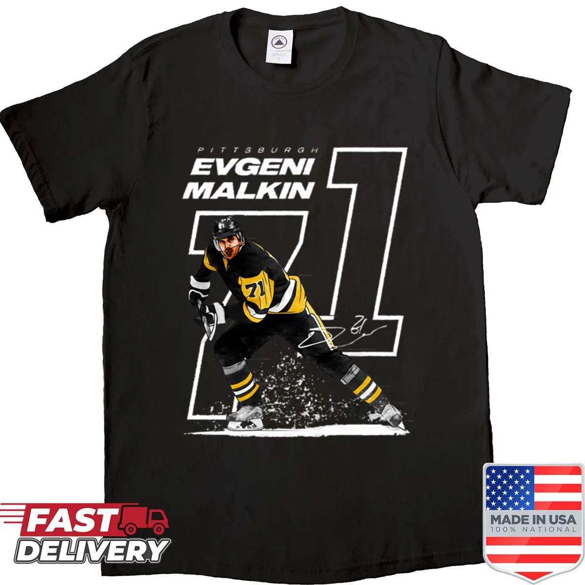 Shirt featuring the name of hockey player Evgeni Malkin
