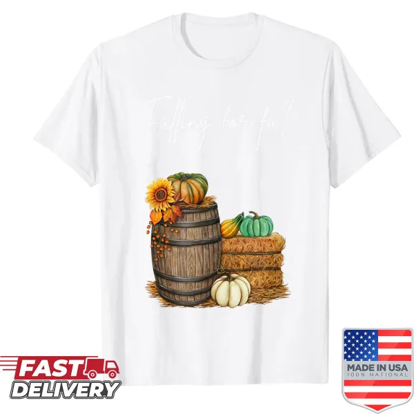 Illustration of pumpkins and hay bales on an autumn-themed t-shirt