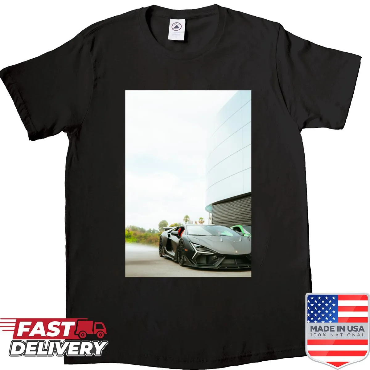 Cartoon design of the fast Bat Mobile on an oversized shirt.