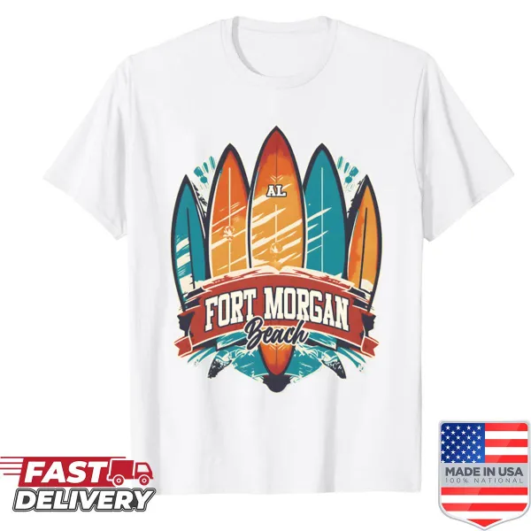 Five surfboards graphic on a beach-themed T-shirt