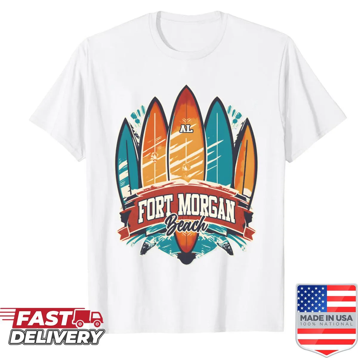 Five surfboards graphic on a beach-themed T-shirt