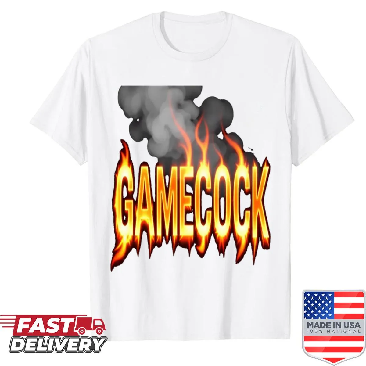 Shirt with flaming smoke design surrounding gamecock letters.