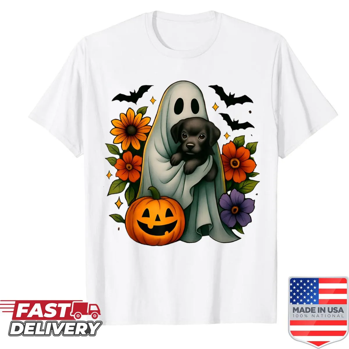 Halloween shirt featuring a floral ghost with a playful black dog design